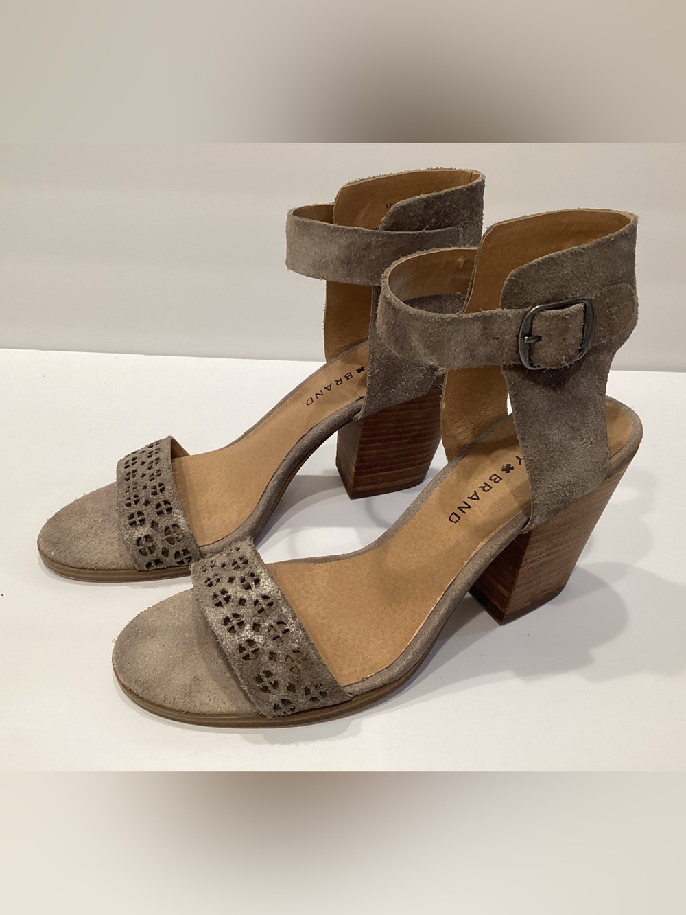 Lucky Brand Taupe Suede Block Heel Sandals with Ankle Buckle